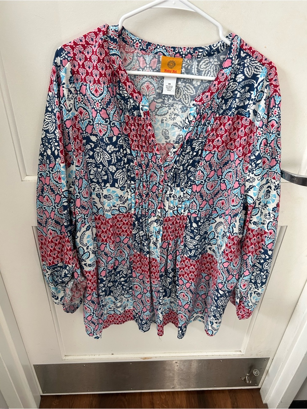Ruby Rd. Navy, Pink & Light Blue Patchwork V-Neck Blouse